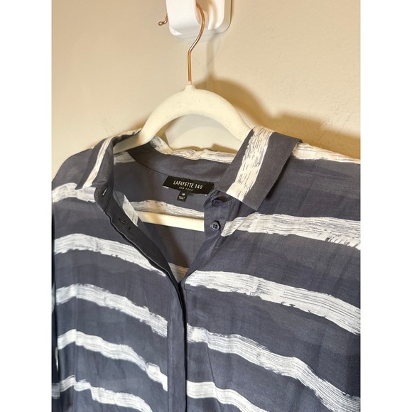 Lafayette 148 New York • Silk Blend Striped Short Sleeve Button Up Shirt Top M‎ - Picture 2 of 7